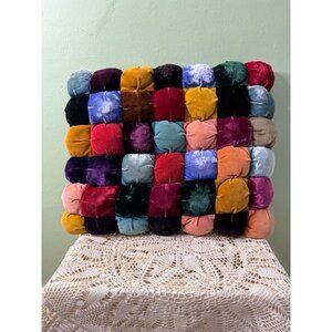 Antique 1940s Velvet Bubble Quilt Pillow Floral Barkcloth back 14x15"